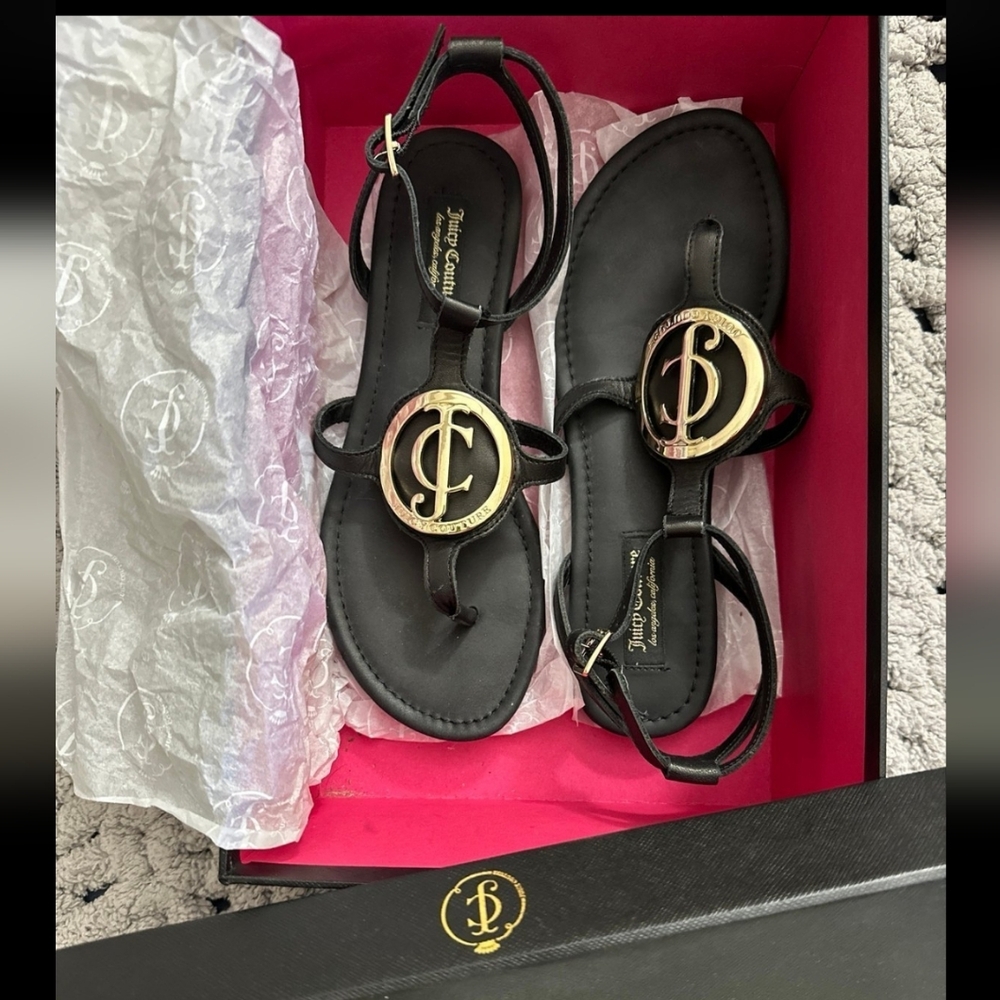 Juicy Couture Black Sandals with Gold Emblem From Black Label Collection